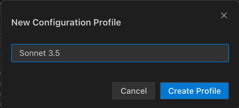 Creating a new profile dialog
