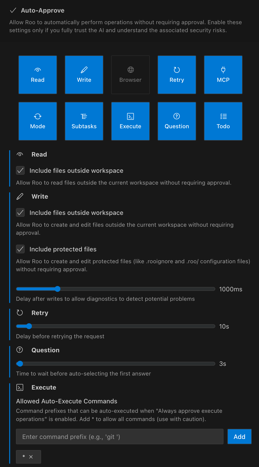 Settings panel auto-approve options